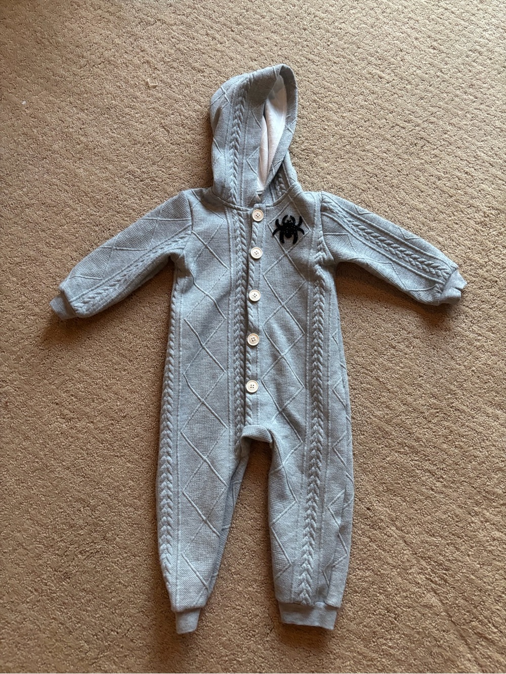 Adam’s Family Pubert Baby Halloween Costume Hooded Knit Light Gray Spider